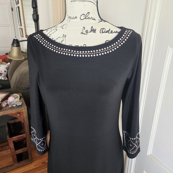 White House Black Market Black Dress with Silver and Brass Decoration Sz S - Picture 2 of 11
